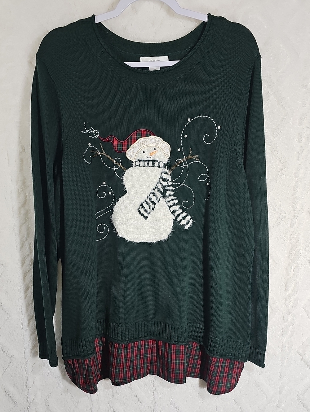 CJ Banks Green Sweater * Snowman * Y2K * Plaid * Plus Size 1X * Embroidered